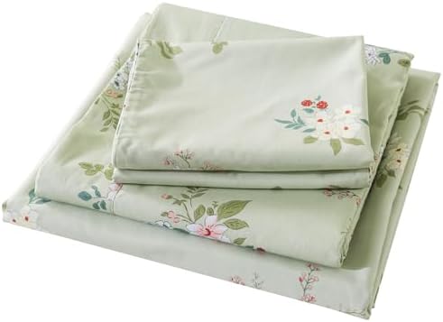 FADFAY King Size Sheets Floral Bed Sheet Set Percale Cotton Shabby Vintage Chic Rose Deep Pocket Sheets Sage Green Flower Printed Luxury Bedding Super Soft Breathable for King Size Bed 4 Pcs