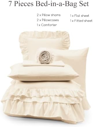Full Comforter Set Whisper White Ruffle 7 Pieces Farmhouse Bed in a Bag