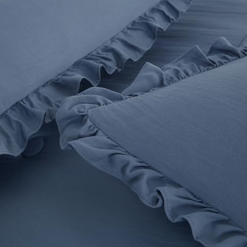 Chezmoi Collection Sinclair 3-Piece Ruffle Skirt Bedspread Set - French Country Chic Farmhouse - Queen, Dusty Blue