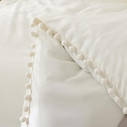 YIRDDEO Full Ivory Microfiber Comforter Set, 3pcs Boho Ball Pom Fringe Design Bedding Set (1 Comforter, 2 Pillowcases)