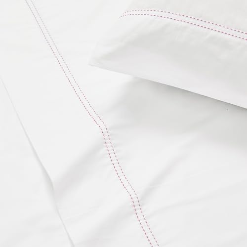 SCOUT 100% Cotton 200 Thread Count Percale Pick Stitch White/Pink Lemonade 5-Piece Split King Sheet Set, Solid Themed, Adult Bedding, Oeko-TEX Certified