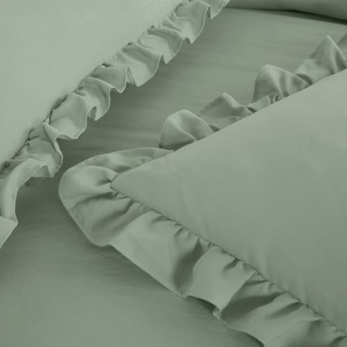 Chezmoi Collection Sinclair 3-Piece Ruffle Skirt Bedspread Set - Soft Lightweight Crinkle Texture Microfiber Bedding - French Country Chic Farmhouse - California King, Sage Green