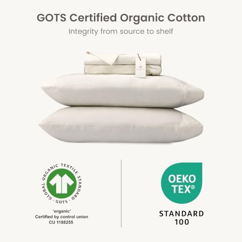 BIOWEAVES 100% Organic Cotton Sheets, 300 Thread Count 3-Piece GOTS Certified Bed Sheet Set Fits Mattress Upto 17" Deep Pocket, Soft & Silky Sateen Weave (Twin, Cream)