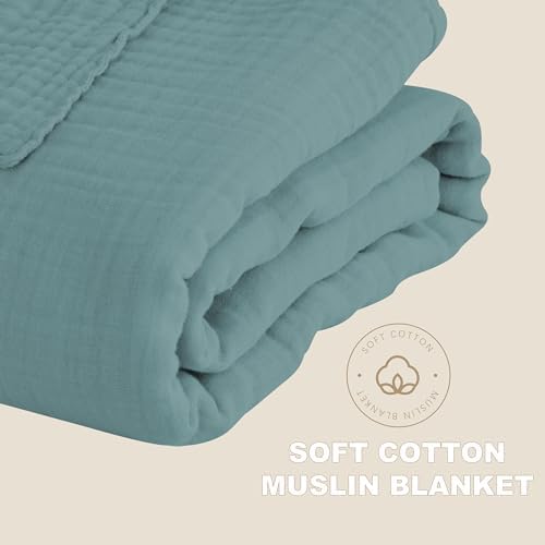 Cosy Family 6 Layer Muslin Bed Blanket - Breathable and Lightweight Gauze Boho Blanket for Spring, Soft 100% Cotton Muslin, Green, 55x80 Inches