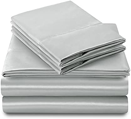 SiinvdaBZX 4Pcs Satin Sheet Set Full Size 15-Inch Deep Pocket, Light Grey