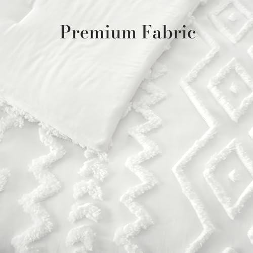 Amélie Home Tufted Boho Comforter Set Twin Size, 2 Pieces Soft Textured Bed Set, Lightweight Breathable Comforter for All Seasons, Farmhouse Shabby Chic Jacquard Bedding, Cozy Gift for Women, White