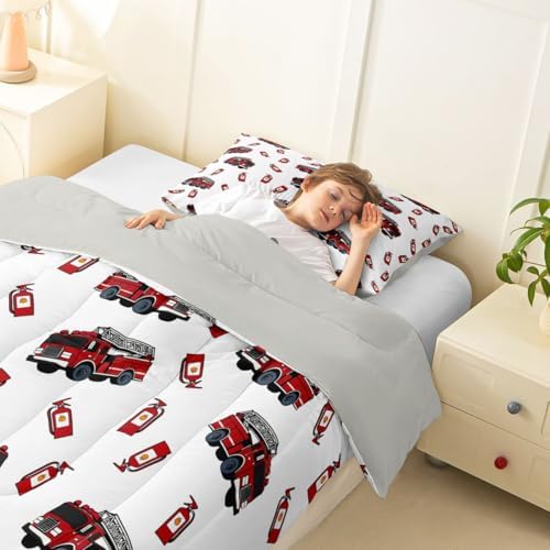 Feelyou Fire Truck Comforter Set Twin Size Firefighter Bedding Set for Kids Boys Girls Emergency Vehicles Duvet Quilt Bedroom Decor Microfiber 2 Pcs with 1 Pillow Case