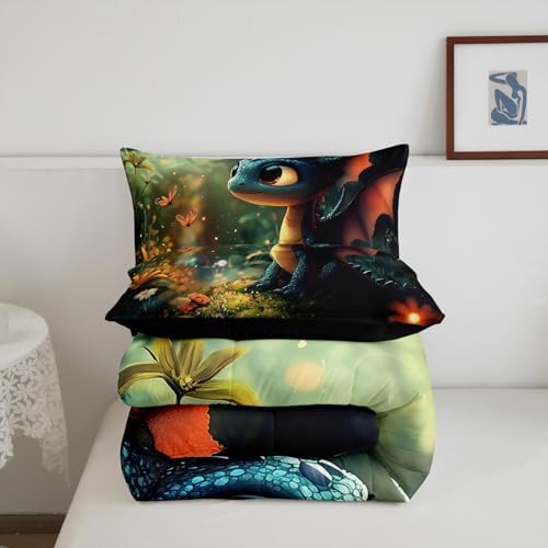 Castle Fairy Cute Dragon Twin Size Comforter Set,Mysterious Wild Animals Duvet Set Soft Bed Collection,Kawaii Flower Animals Bedding Comforter for Boys Girls Bedroom,2 Pcs