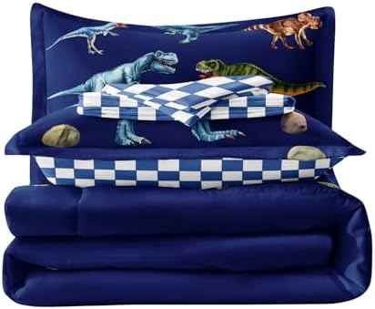 Kid Twin Comforter Set - 5 Pcs Dinosaur Bedding Set for Boys, Blue