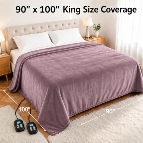 Electric Heated Blanket King Size 90" x 100", Soft Flannel for Bed, Couples, 10 Heat Settings, 1-12H Auto Shut Off, Dual Zone Controls, Overheat Protection, Machine Washable, Purple