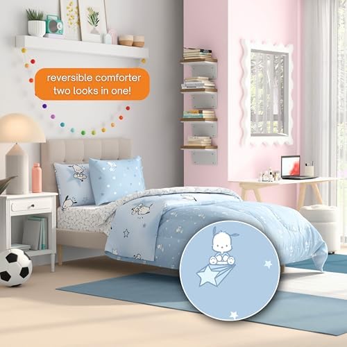 Sanrio Pochacco Bedding 5 Piece Super Soft Cozy Reversible Comforter and Sheet Set with Sham, Twin, (Officially Licensed Product) By Franco
