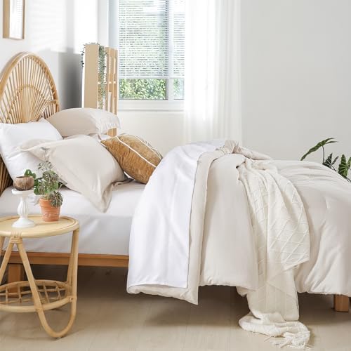 weigelia Beige Queen Comforter Set with Sheets - 7 Piece Bed in a Bag Queen