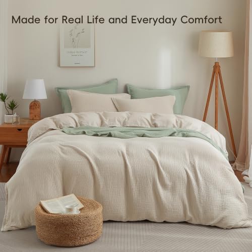 PHF 100% Cotton Muslin Duvet Cover Queen Size 3-Layer, 90"x90", Natural