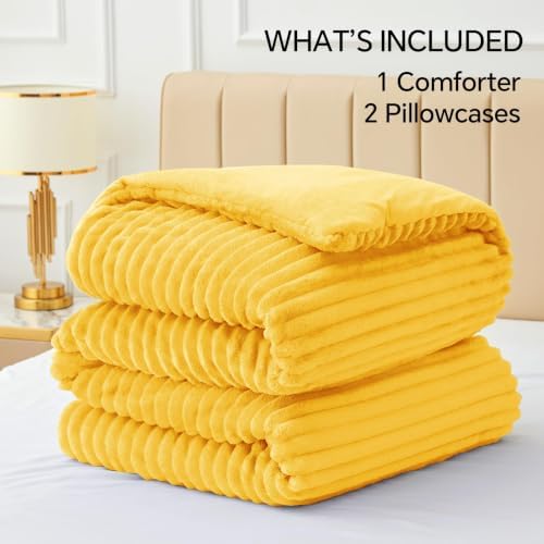 BEDELITE Fleece Full Comforter Set, Fluffy Bed Set, Bright Yellow