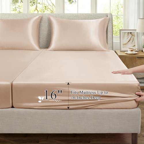 SiinvdaBZX 5-Piece Beige Satin Sheets Split King Size Set