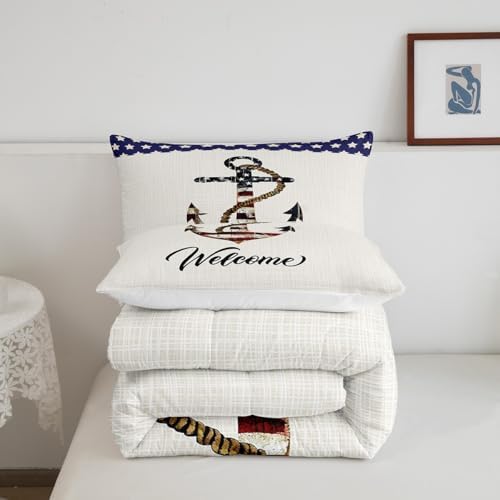 Castle Fairy American Flag Anchor Comforter Set Twin Size,Geometric Star Stripe Bedding 2pcs for Kids Teens Boys Room Decor,Nautical Adventure Quilt Vintage White Duvet Insert,1 Pillowcase Anchor 6