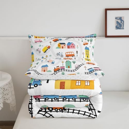 Erosebridal Cartoon City Car Kids Comforter Sets Bicycle Truck Train Full Bedding Set for Boys Girls House & Tree Cityscape Comforter Set Transportation Road & Railway Quilt Duvet 3 Pcs