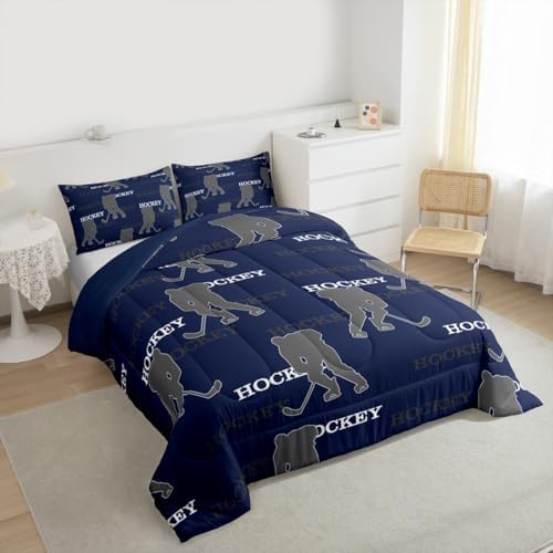 Manfei Hockey Players Kids Comforter Set Queen Size, Bedding Set,Girls Boys Room Decor,Competitive Games Teamwork Quilt Comforter,Dark Blue Gray Duvet Set Bedroom Quilt Set,2 Pillowcases