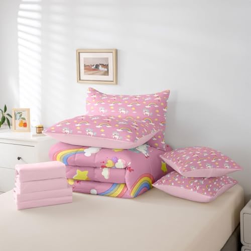 Erosebridal Cute Unicorn King Bed in A Bag 7 Piece Rainbow Unicorn Comforter Set with Sheets Dreamy Horse Printed Bedding Sets for Girls Teens Women,Magical Animal Decor Bed Set