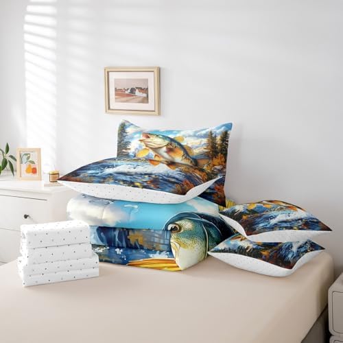 Erosebridal 7 Piece Big Bass Fish Comforter Set 3D Pike Fish Bedding Set Twin Farmhouse Hunting Theme Bed in a Bag Rustic Wildlife Sheet Set with Comforter Vintage Cabin Lake House Home Decor
