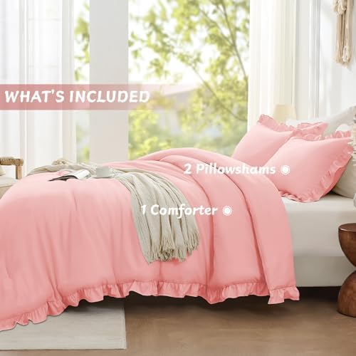 FUANNA Pink King Size Comforter Set, Ruffle Bedding Set, 3 Pieces Bed Set
