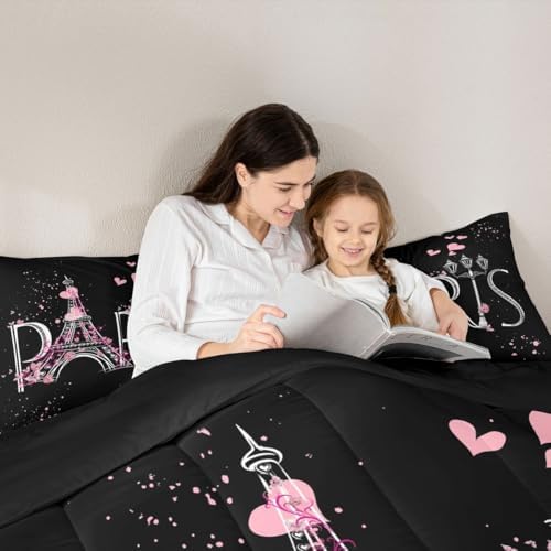 Feelyou Eiffel Tower Comforter Set Chic Paris Bedding Set Romantic Theme Comforter for Boys Girls Children Teens Black Pink Bedroom Decor Modern French Style Duvet Set Full Size with 2 Pillow Case