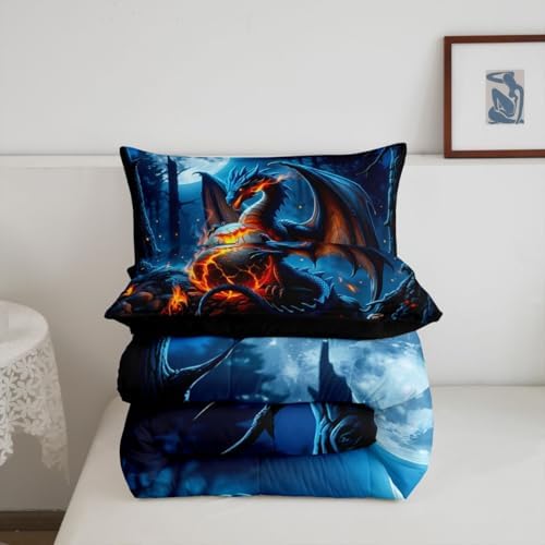 Feelyou Blue Black Dragon Bedding Set Soft for Boys Girls, Wild Animal Comforter Set King Size Mysterious Dragon Egg Duvet Quilt Microfiber Gothic Magic Bedroom Decor 3 Pcs with 2 Pillow Cases