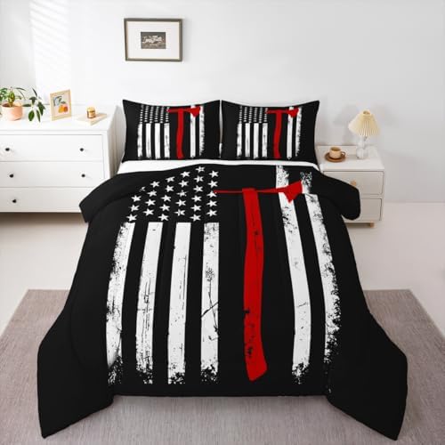 Castle Fairy Teens Firefighter Comforter Set Full Size,American Flag Bedding Set for Kids Boys Adult Bedroom Decoration,Fireman Bed Duvet Insert,Red Black White Comforter with 2 Pillowcase