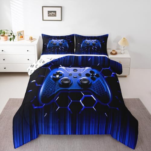 Manfei Honeycomb Gamepad Comforter Set Twin Size, Blue Geometric Reversible Bedding Set 2pcs for Kids Boy Game Room Decor, Modern Gamer Down Comforter Modern Gaming Quilt Set with 1 Pillowcase