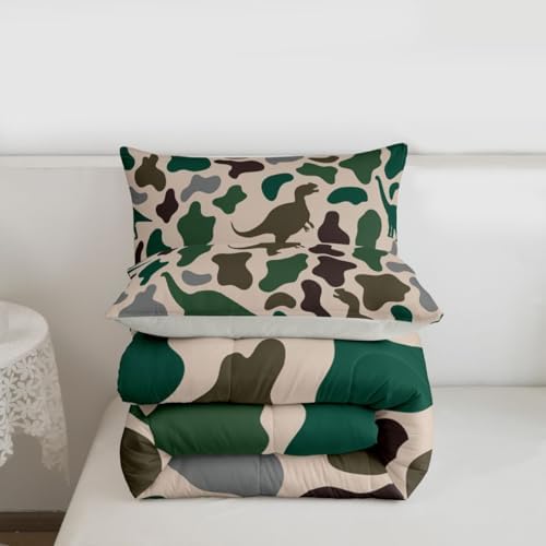 Manfei Army Green Camo Comforter Set Toddler Size,Dinosaur Camouflage Bedding Set 2pcs,Wild Animals Theme Down Comforter for All Season,Kids Boys Girls Room Decor,1 Pillowcase,No Sheets