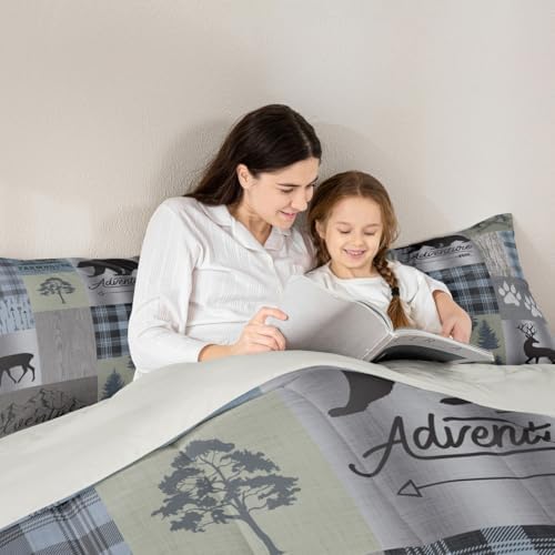 Hunting Camping Comforter Set Full,Grey Green Geometric Plaid Patchwork Quilt Set 3pcs for Kids Boys Men Outdoor RV Decor,Pine Bear Deer Animal Bedding Set Rustic Farmhouse Bedspread,2 Pillowcases