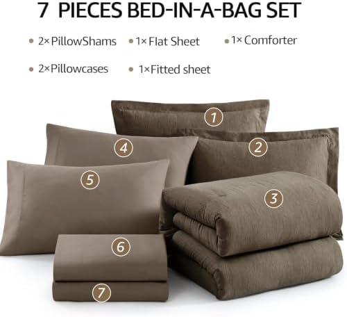 Monbix Queen Comforter Set 7 Pieces Cationic Dyeing Taupe Grey Bed in a Bag