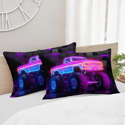 HOSIMA Boys Neon Truck Twin Fitted Sheet,1 Fitted Sheet+2 Pillowcases.
