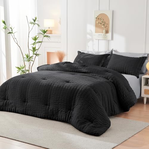 HYMOKEGE Black/Light Grey Oversized Queen Comforter Set Seersucker 7 Pieces, All Season Luxury Bed in a Bag for Bedroom, Bedding Set with Comforter, Sheets, Pillowcases & Shams