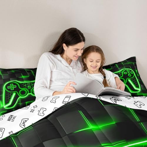 Feelyou Kids Gamer Comforter Set Full Size Green Black Bedding Set Boys