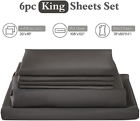 ILAVANDE King Size Sheets Set 6 Piece,Hotel Luxury Super Soft 1800 Series Microfiber Grey Bed Sheets King Set-Wrinkle Free & Breathable-14 Deep Pocket Sheets for King Size Bed(King,Neutral Grey)