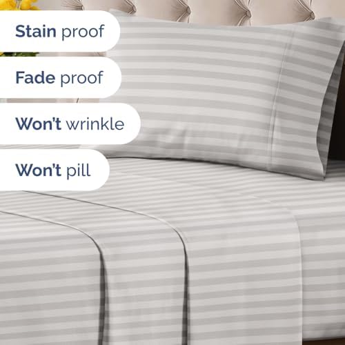 Twin 3 Piece Striped Sheet Set - Soft, Breathable & Cooling - Greyscale