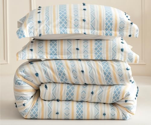 SLEEPBELLA Washed Double Layer Muslin 100% Cotton Comforter Set King Size, Yellow Blue Boho Fluffy Thick Checked Bedding Set, Soft Breathable (1 Comforter, 2 Pillow Shams)
