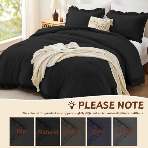 FUANNA King Size Comforter Set, Ruffle Bedding Set, 3 Pieces Bed Set, Black
