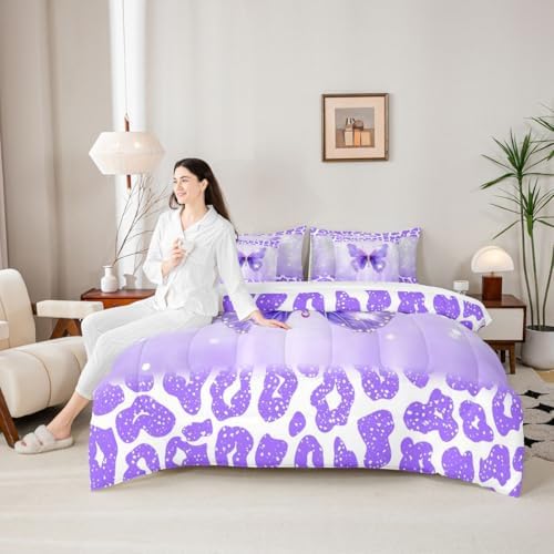 Feelyou Cute Butterfly King Comforter Set with Sheets for Kids Boys Girls Leopard Print 7 Pieces Bedding Set Butterflies Print Bed in a Bag Glitter Dreamy Princess Soft