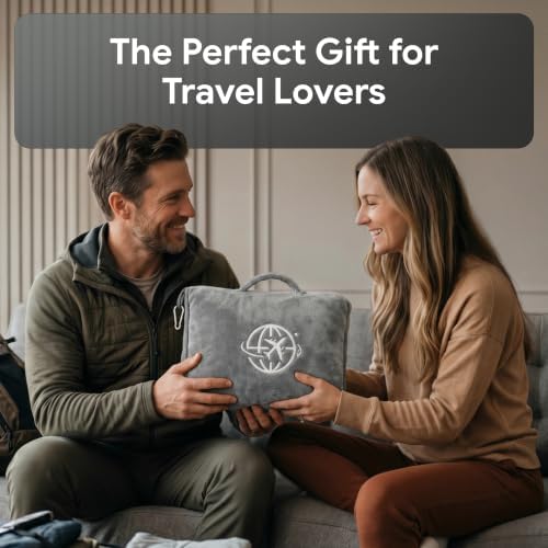 2-in-1 Travel Blanket and Pillow โ Lightweight, Compact, Ultra Soft, Machine Washable โ Handle, Luggage Sleeve, Backpack Clip โ for Travel Airplane, Car, Office (Gray)
