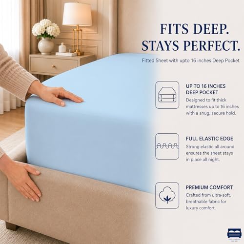 Cottingon 4 Piece Queen Sheets Fits 16" Deep, Egyptian Cotton, Light Blue