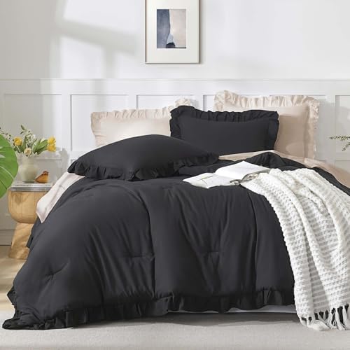Andency Black Ruffle Comforter Oversized Queen, 3 Pcs Solid Farmhouse Bed