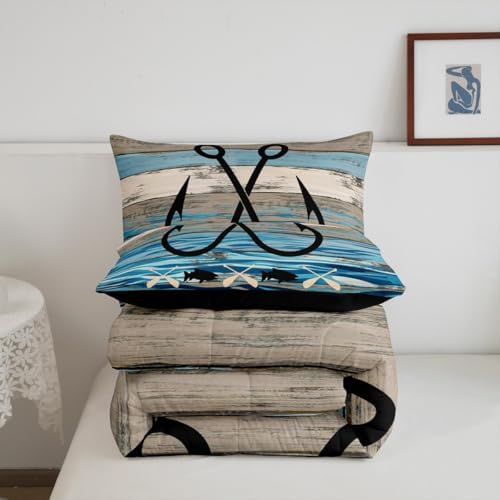 Feelyou Fishing Hook Bedding Set Twin Size, Kids Toddler Lake House Comforter Set Boys Girls Rustic Farmhouse Bedding Set Nautical Duvet Insert Bed Set 2Pcs