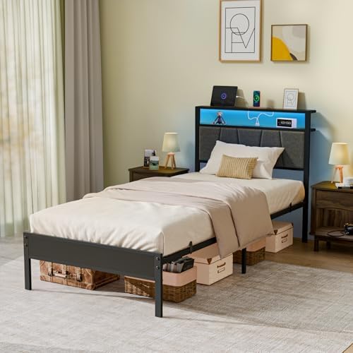 Z-hom 14 Inch Storage Headboard with Charging Station Twin Bed Frame