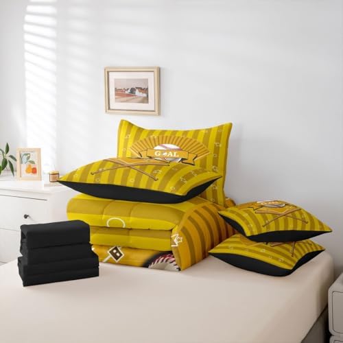 Erosebridal Sports Baseball Theme Yellow Gaming Pattern 7 Piece Bedding Set Twin | Boys Kids Ball Games Boys Comforter Set with Sheets Playground Bed in A Bag Stripes Geometric Bed Sets