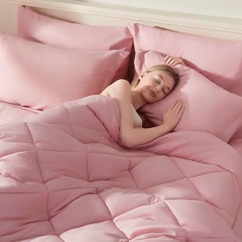 ELNIDO QUEEN® Queen Comforter Set - 7 Pieces Bed in a Bag Queen Size, Bed Set for All Seasons, Blush Pink Ultra Soft Bedding Sets with Comforter, Flat Sheet, Fitted Sheet, Pillowcases and Pillow Shams
