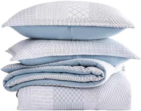 SLEEP ZONE Comforters Full Set, Modern Plaid Bedding Set Blue 3 Pcs