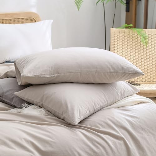 BESTOUCH Cotton Solid Duvet Cover Set Linen Feel Linen Grey Super King