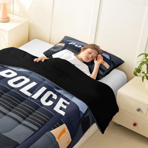 Feelyou Police Car Comforter Set Twin Size Automobile Bedding Set for Kids Boys Girls Policeman Vehicle Duvet Quilt Bedroom Decor Microfiber 2 Pcs with 1 Pillow Case